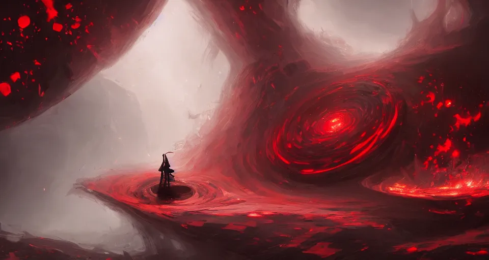 Image similar to a warping black and red checkerboard patterned vortex by peter mohrbacher, vivid colors, matte painting, 8K, concept art, mystical color scheme, trending on artstation