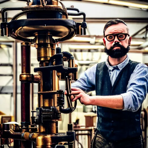 Image similar to A random pointless contraption ((steampunk)) industrial appliance pneumatic machine with no apparent purpose, being operated by a scholarly looking man with a clear directed gaze, XF IQ4, f/1.4, ISO 200, 1/160s, 8K, RAW, unedited, symmetrical balance, in-frame