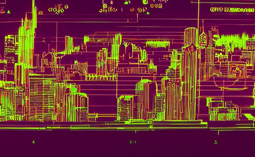 Image similar to beautiful synthwave city in an oscilloscope