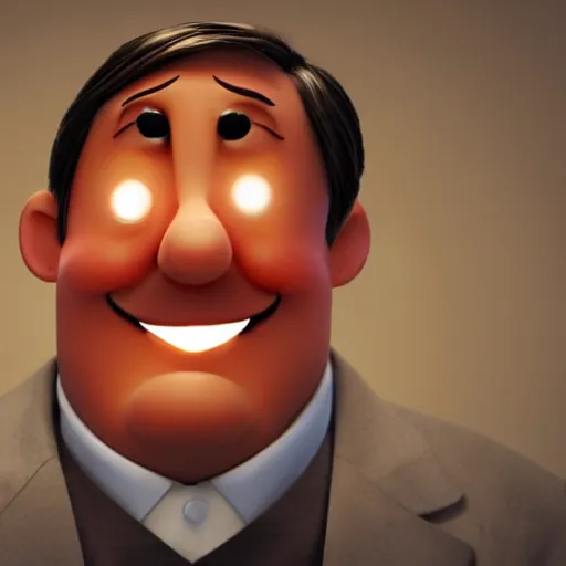 Image similar to photo of [ a single french fry chip ] shaped into stephen fry as a pixar character hybrid intercross mix cinematic lighting