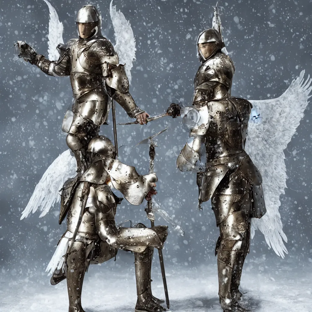 Image similar to a warrior in beautiful medieval armor with snow - white angel wings on his back, wearing a beautiful medieval helmet, holding an epee, kneeling on one knee, high quality, cyberpunk style