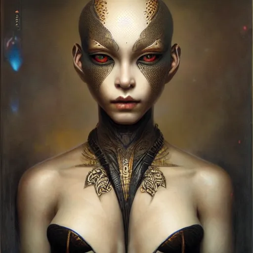 Prompt: ultra realist soft painting of a single attractive alien female, black scales, symmetry accurate features, very intricate details, focus, curvy, artstyle Hiraku Tanaka and Tom Bagshaw, award winning