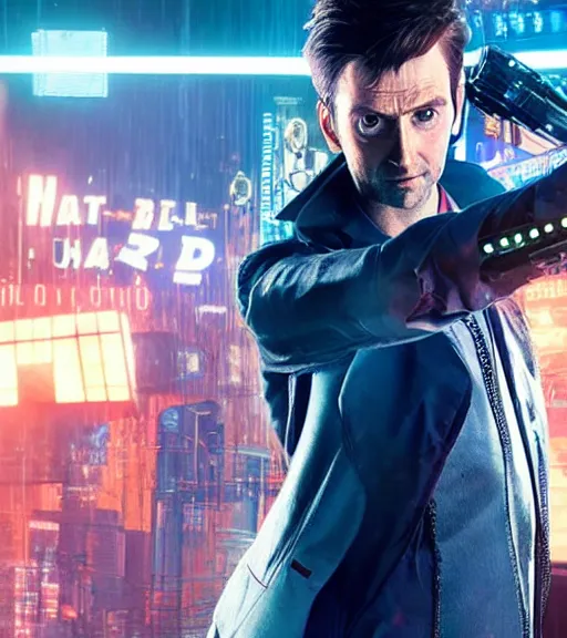 Image similar to David Tennant in the role of Doctor Who from Cyberpunk 2077, amazing short, 8K, IMAX, ultra detailed