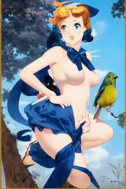 Prompt: anime pinup girl, shes holding an indigo bunting, bird, the bird is wearing a bowtie, by greg rutkowski, rossdraws, gil elvgren, enoch bolles, anime, porcelain skin, very coherent