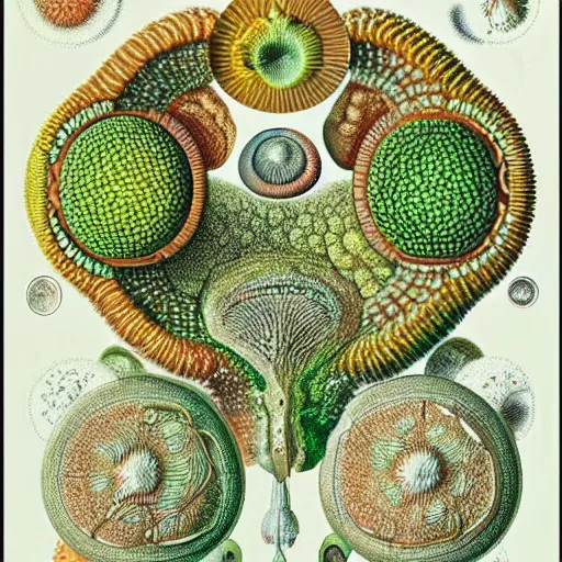 Prompt: microscopic highly detailed scientific illustration of an alien microorganism with organoids by Ernst Haeckel