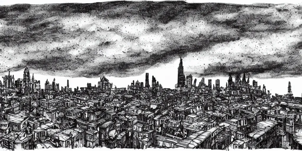 Image similar to pen and ink illustration, city held up on giant platform, buildings on top of tall structure, over the ocean, tall arches, fading off to the horizon, steam punk, artstation