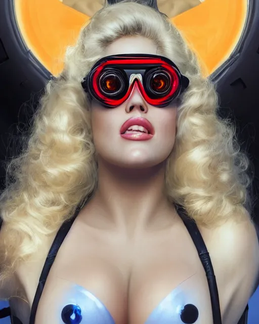 Image similar to centered portrait photo of flirtatious young anna nicole smith as a solarpunk mecha humanoid robotic parts wearing goggles with bright lights, real human face, pudica pose by bouguereau, inside white room, ultra - realistic and detailed, 8 k