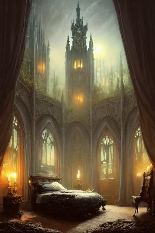 Image similar to a beautiful digital illustration painting of a detailed gothic fantasy bedroom, by benoit b. mandelbrot, steven belledin, martin johnson heade, lee madgwick, caspar david friedrich, and david rios ferreira. 8 k resolution trending on artstation concept art digital illustration