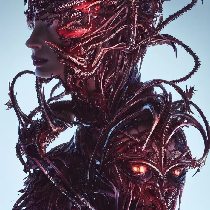 Image similar to portrait of Sophie Turner as Kerrigan Queen of Blades. intricate abstract. intricate artwork. nightmare fuel. by Tooth Wu, wlop, beeple, dan mumford. octane render, trending on artstation, greg rutkowski very coherent symmetrical artwork. cinematic, hyper realism, high detail, octane render, 8k, iridescent accents