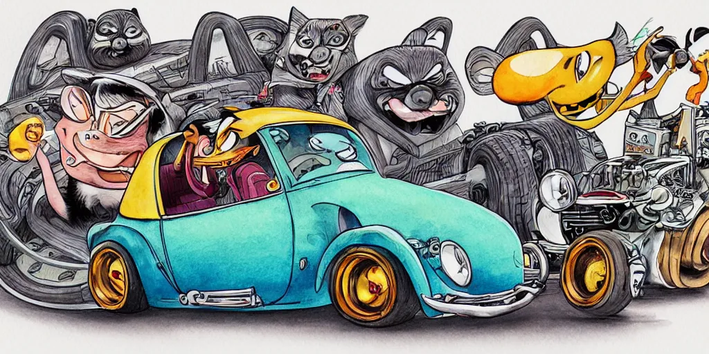 Image similar to racoon riding in a tiny hot rod coupe with oversized engine, ratfink style by ed roth, centered award winning watercolor pen illustration, by chihiro iwasaki, edited by range murata