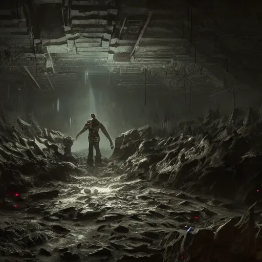 Prompt: a man horrified in a dark dingy basement filled with monsters of unknown power, volumetric lighting, 8 k octane beautifully detailed render, post - processing, extremely hyper - detailed, intricate, epic composition, cinematic lighting, masterpiece, trending on artstation, detailed detailed detailed, masterpiece, beautiful cinematic light,