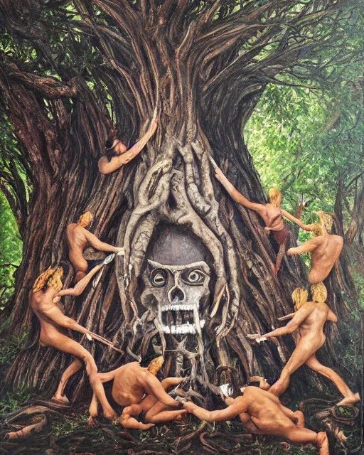 Image similar to satanic masked ritual, large ancient tree, ultra high definition, hyperrealism, masterpiece 8 k, oil painting