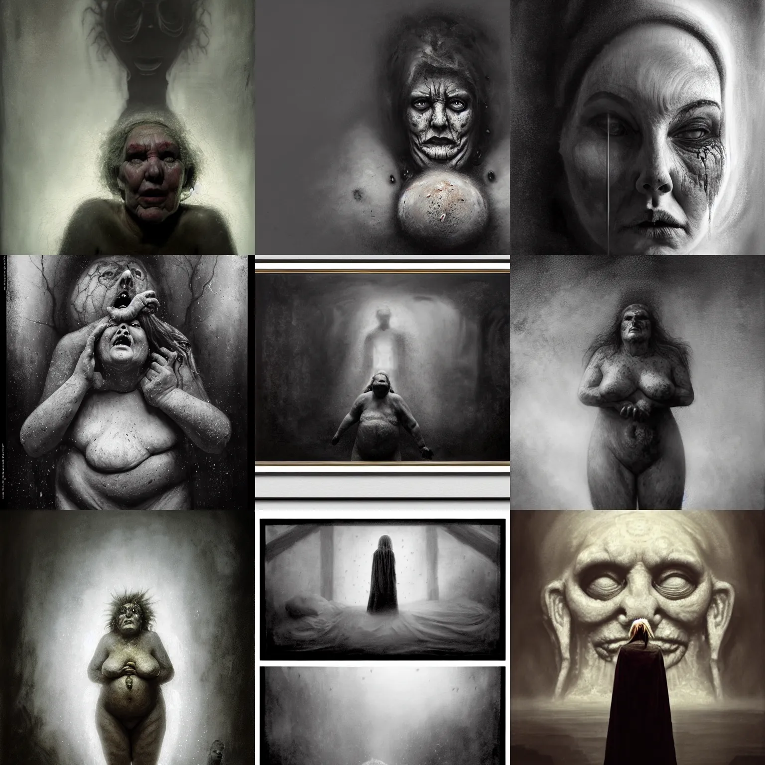 Prompt: portrait of big old sumoringer as despair from sandman, in a white cloudy void with empty framesfloating around her, venus of willendorf, by jeremy mann, by gregory crewdson, by bastien lecouffe deharme, sad face, black hair, white room, soft lightning, high detailed, 8 k