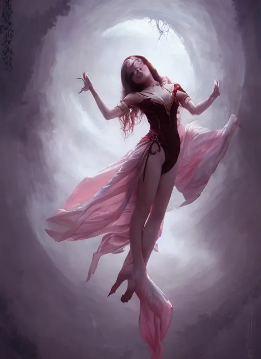 Prompt: desirable vampire girl floating in the air with silk cloth, fantasy, intricate, elegant, highly detailed, digital painting, artstation, concept art, matte, sharp focus, illustration, art by artgerm and greg rutkowski, dreadjim, zeen chin