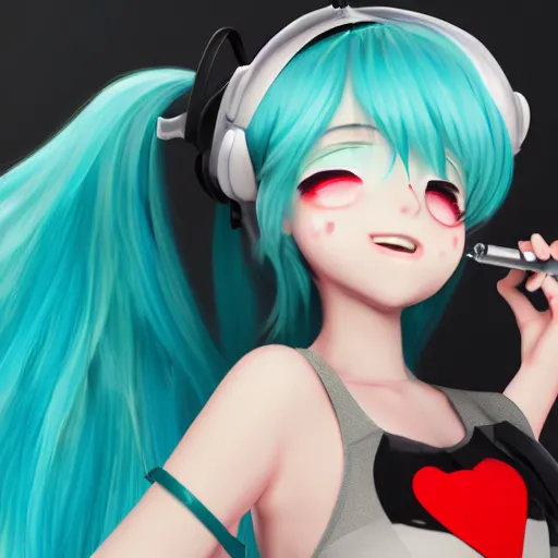 Image similar to hatsune miku smoking weed with a vape pen, smoke coming out of her mouth, bloodshot eyes, artstation, 4 k