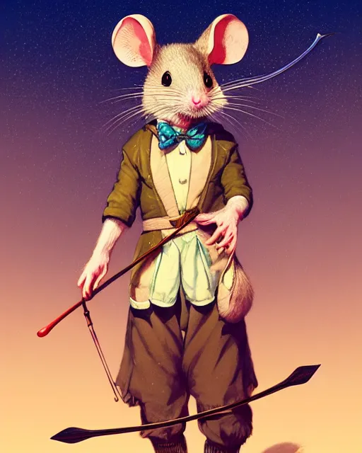 Prompt: anthropomorphic art of anthropomorphic mouse holding a bow, victorian bright clothing by artgerm, victo ngai, ryohji hase, artstation, highly detailed digital painting, smooth, global illumination, fantasy art by greg rutkowsky, karl spitzweg