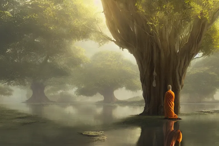 Image similar to a big banyan tree, a monk meditating, sun rising, water on ground, hyperdetailed artstation cgsociety by greg rutkowski