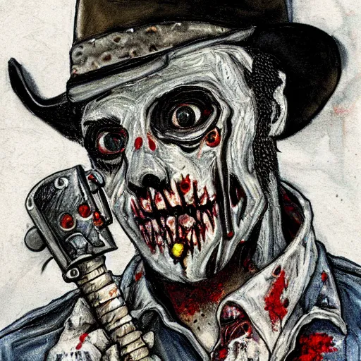 Image similar to a portrait of a zombie cowboy by Gerald From