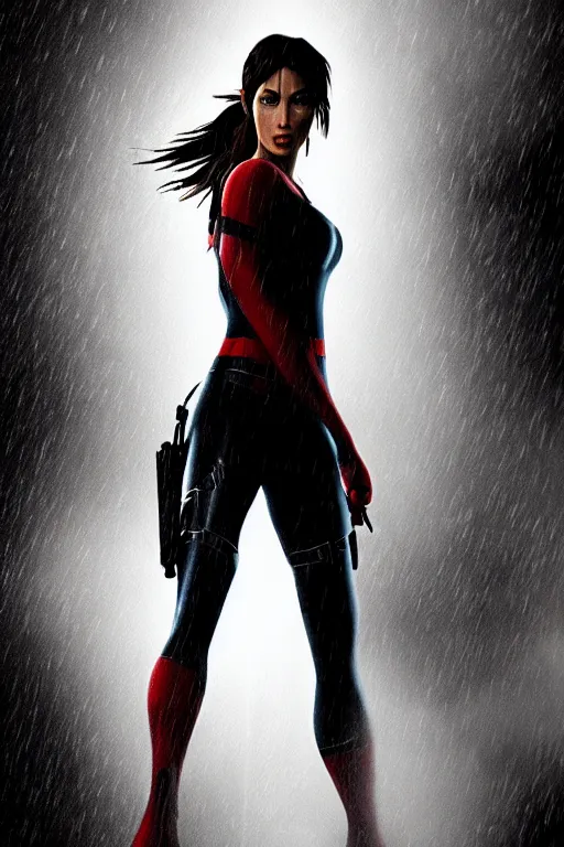 Image similar to cinematic!!!! of lara croft as spiderman!!!!!!, dramatic rain, 8 k, moody lighting