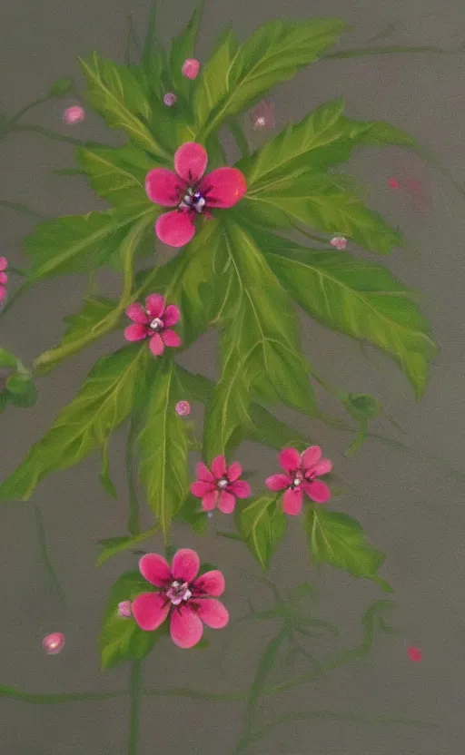 Image similar to painting of green thorn crown with pink little flowers