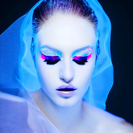 Image similar to high fashion photography of a model in neo futurism white sci - fi makup, transparent cloth, beautifully lit by neon light