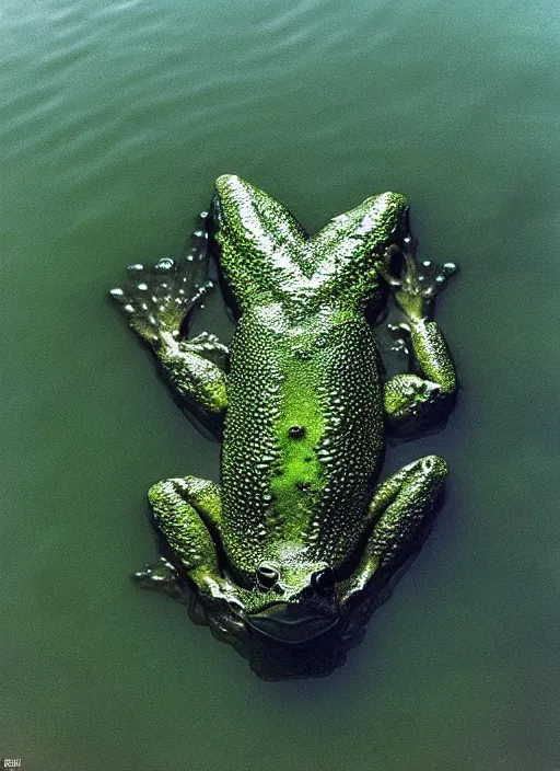 Prompt: “semitranslucent smiling frog amphibian floating over misty lake waters in Jesus Christ pose, low angle, long cinematic shot by Andrei Tarkovsky, paranormal, eerie, mystical”