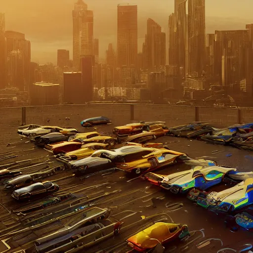 Image similar to parking several cars: center composition, photo ground view, motherboard forms designed by zaha hadid, sci-fi futuristic ultra realistic photography, keyshot render, octane render, unreal engine 5 lumen, high oiled liquid glossy specularity reflections, ultra detailed, golden hour, dramatic lighting 4k, 8k, 16k in the style ofblade runner 2049 Cyberpunk 2077 ghost in the shell thor 2 marvel film : tilt shift: sharp focus