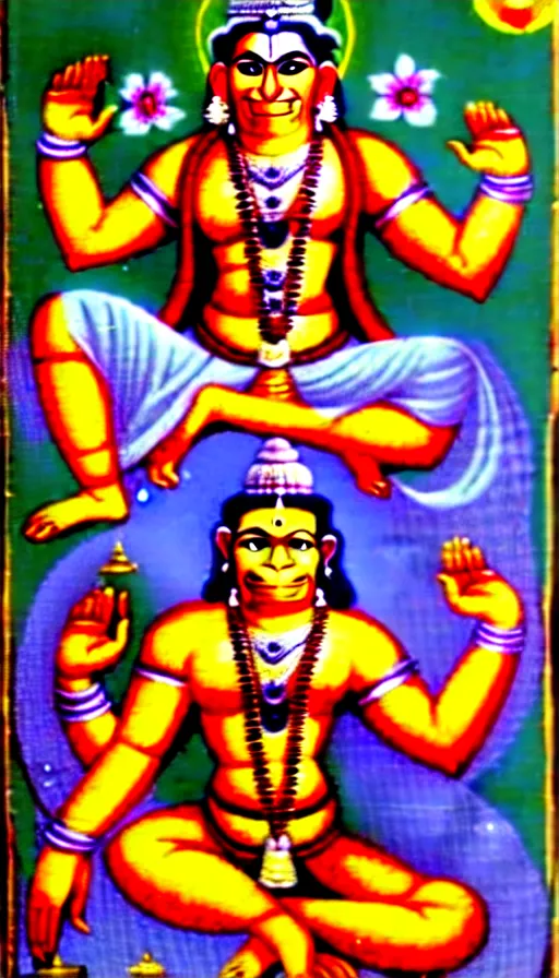 Prompt: hanuman gets together with the gods of the vedic culture of india against the background of the universe