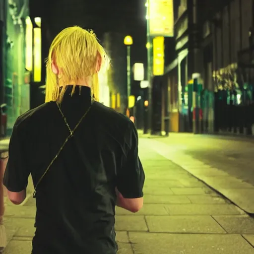 Image similar to a blonde man with a ponytail wearing black clothes wanders through a city at night, anime, 4k