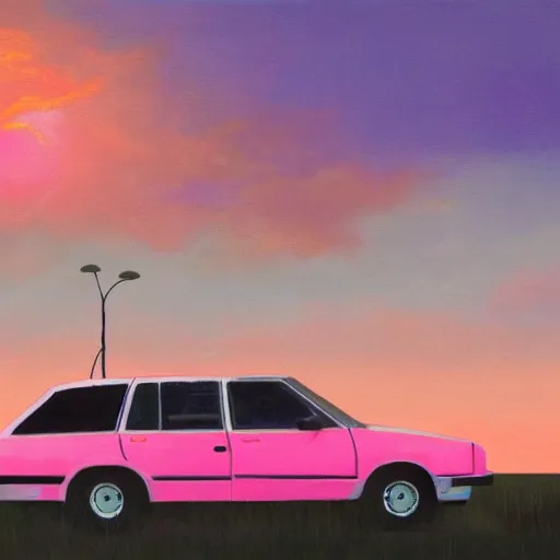 Image similar to an old 1 9 8 0 s car parked off the road, sunset, ocean in distance, pink, oil painting, pale colors, high detail, 8 k, wide angle, trending on artstation,