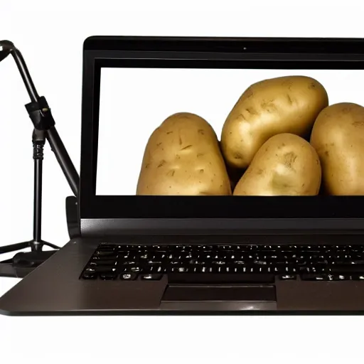 Prompt: studio photo still of potato laptop made of a potato potato laptop made of potato, 8 k, studio lighting, overhead lighting