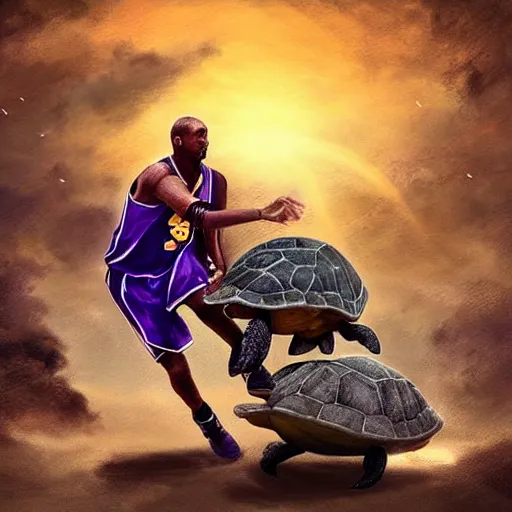 Image similar to kobe bryant riding on a turtle in heaven, amazing digital art, amazing detail, fantasy art, artstatiom, cgsociety, epic art