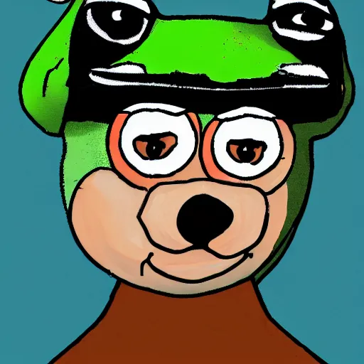 Image similar to pepe the frog head from 4chan on the body of a cartoon dog wearing a leather jacket and jeans