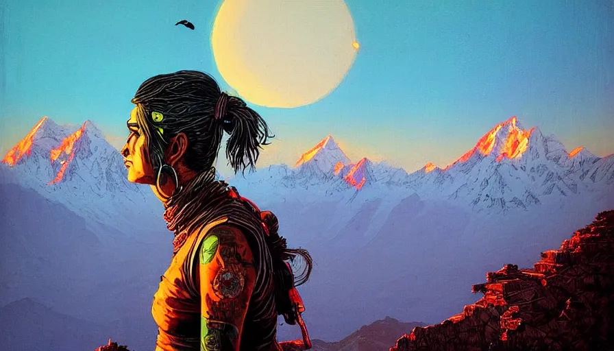 Prompt: a lone warrior looking at the sunrise at the himalayas by sandra chevrier, moebius, atmospheric, fine details, vivid, neon, masterpiece