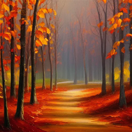 Prompt: A beautiful oil painting of an autumn forest, trending on artstation