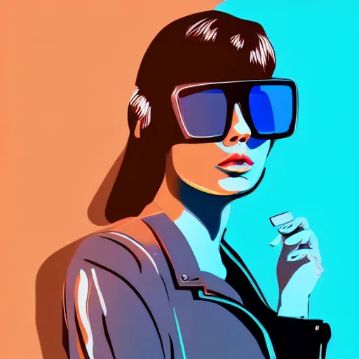 Image similar to a woman with light blue shutter shades in front of a sunset, a dark brown leather jacket, one side brown haircut with blue ends, vector art by jan tengnagel, pixabay contest winner, retrofuturism, retrowave, synthwave, outrun, portrait,