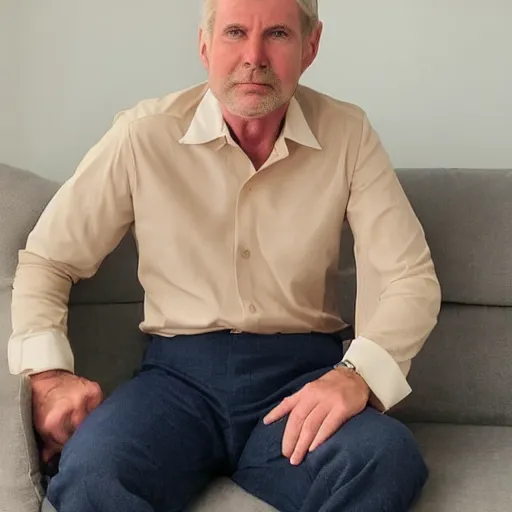 Image similar to full body photo of steve, mature male, mysterious face. he is a doctor. he is sitting gracefully on a sofa, elegant slim beige shirt. he has dad's belly