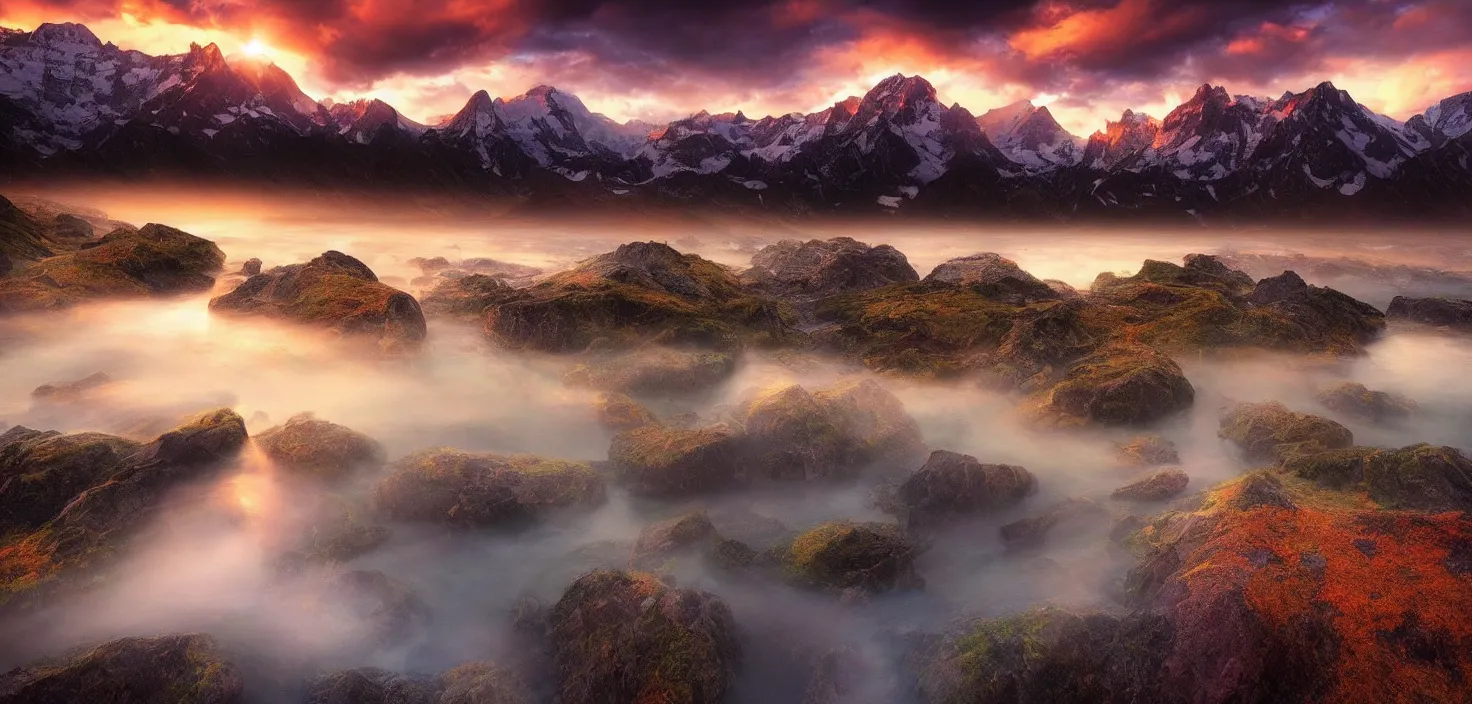 Image similar to amazing landscape photo of mountains with lake in sunset by marc adamus, beautiful dramatic lighting