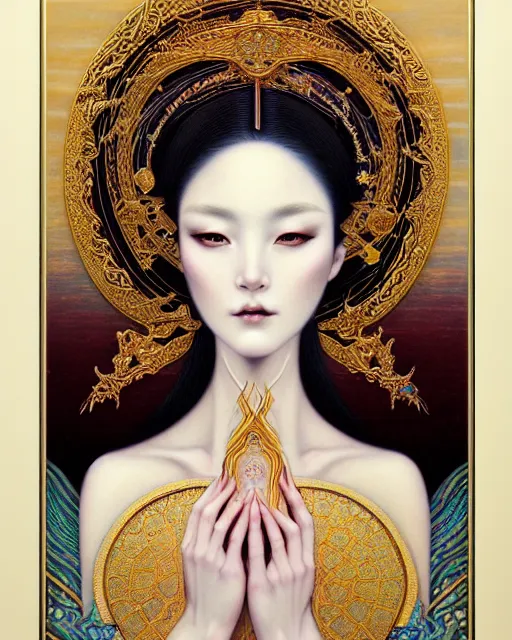 Image similar to portrait of a beautiful goddess of mercy, unusual beauty, esoteric, muted colors, head in focus, fantasy art, ornamental aesthetics intricate, elegant, highly detailed, hyperrealistic painting, artstation, concept art, painterly, sharp focus, illustration, art by chie yoshii