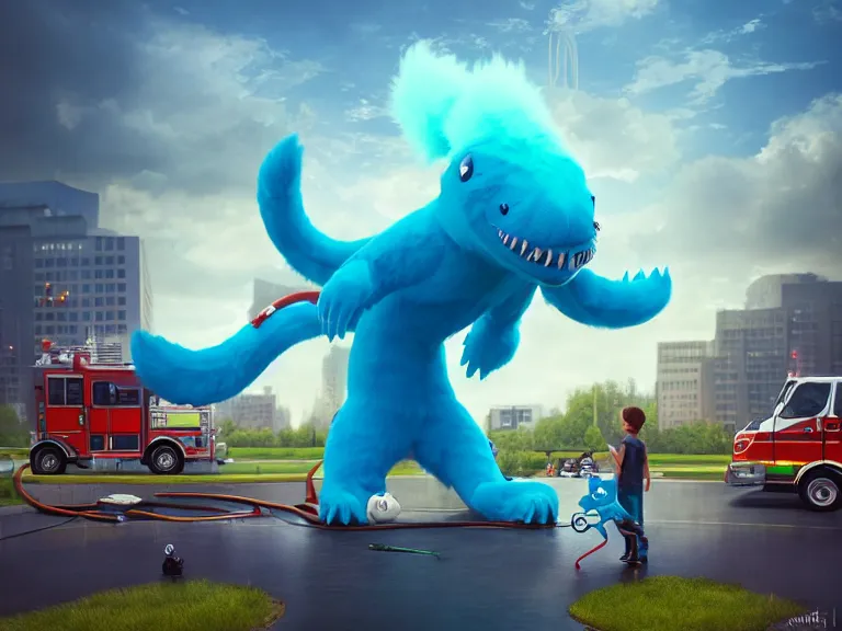 Image similar to adorable anthropomorphic gigantic cerulean furry leviathan monster, playing with a small firetruck, in a park surrounded by a city, rpg reference, oil painting, trending on artstation, octane render, insanely detailed, 8 k, hd