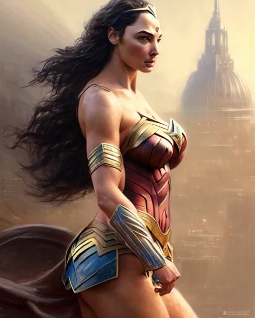 Image similar to lindsey pelas and gal gadot, character portrait, concept art, intricate details, highly detailed by greg rutkowski, gaston bussiere, craig mullins, simon bisley