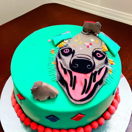 Prompt: birthday cake with a hyena sitting on top