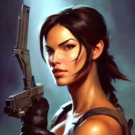 Image similar to greg manchess portrait painting of partially armored lara croft as overwatch character, close - up shot, asymmetrical, profile picture, organic painting, sunny day, matte painting, bold shapes, hard edges, street art, trending on artstation, by huang guangjian and gil elvgren and sachin teng