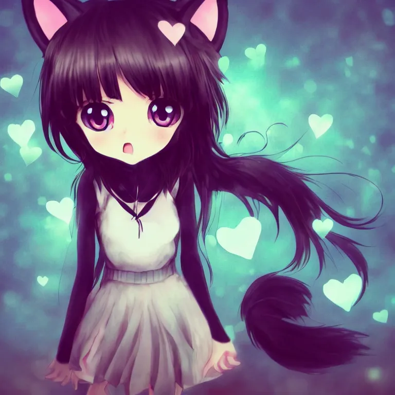 Prompt: cute, full body, female, anime style, a cat girl with fairy wings, large eyes, beautiful lighting, sharp focus, simple background, creative, heart effects, filters applied, illustration