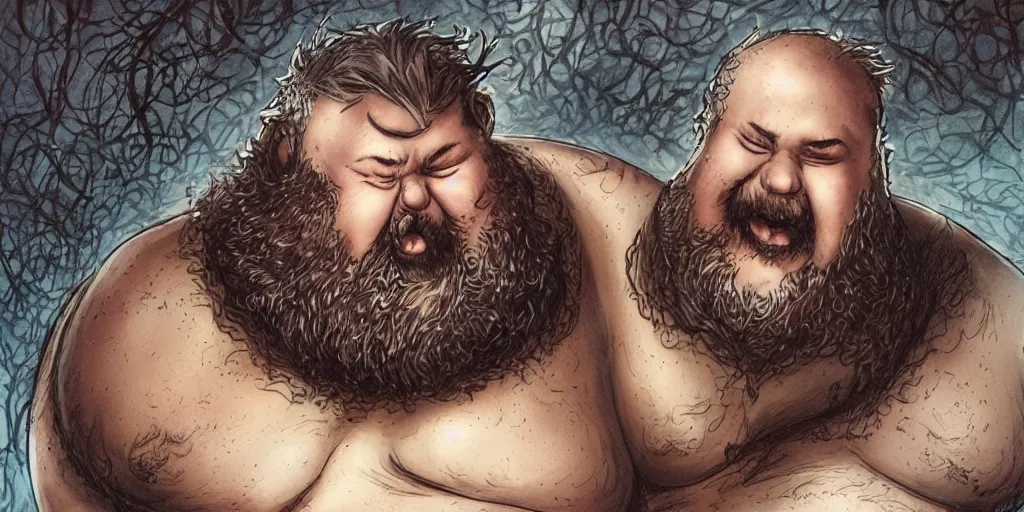 Image similar to extremely fat man with beard eating universe extremely luis royo style