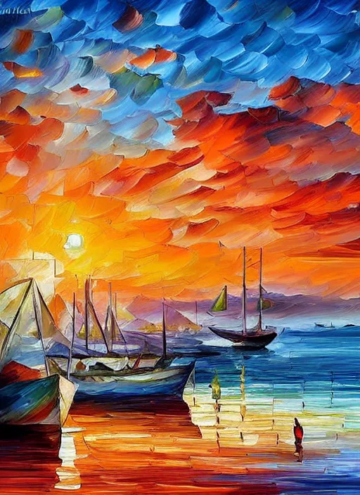 Image similar to beautiful seaside greek village and boats at sunset in the style of leonid afremov