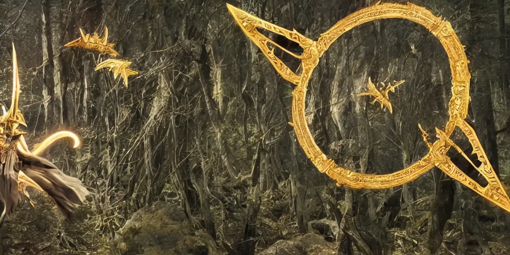 Image similar to the glaive from krull, a large golden ornate magical shuriken, flies thru a ancient forest leaving a trail of particles, the glaive is in sharp focus but the background is blurred