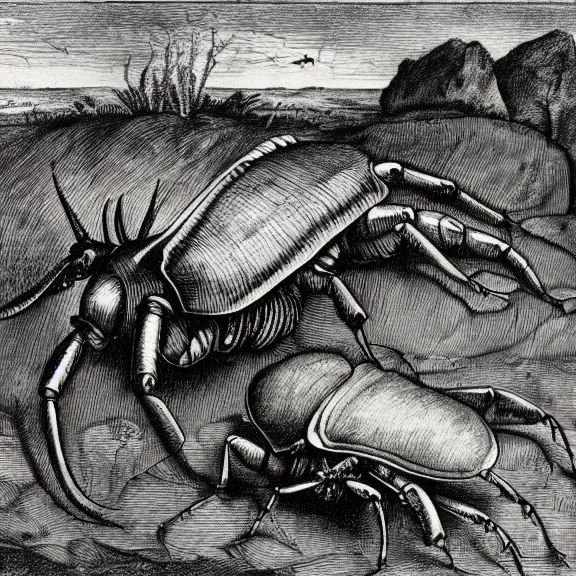 Prompt: a detailed, intricate drawing of a rhinoceros beetle rhinceros on a beach, by albrecht durer