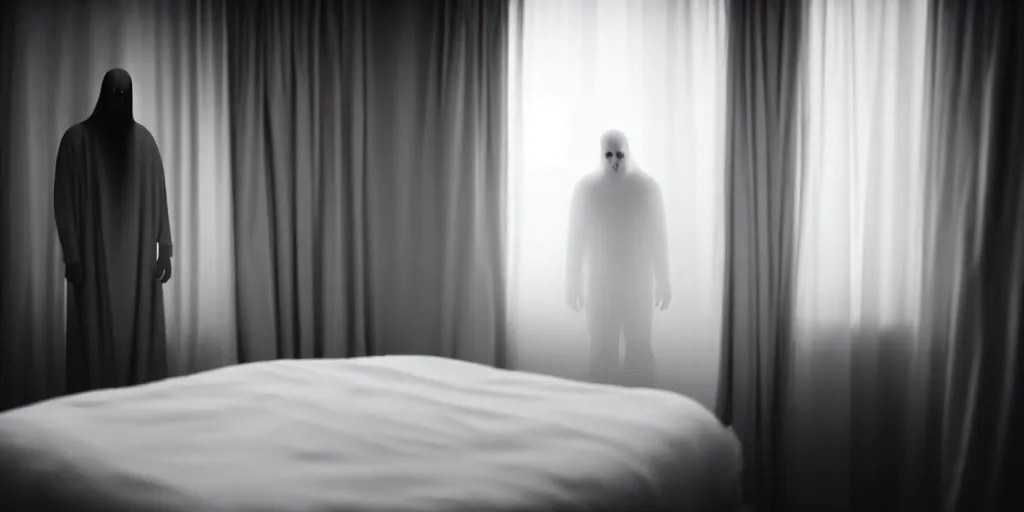 Prompt: a still shot of a scary male ghost in a hotel room, horror