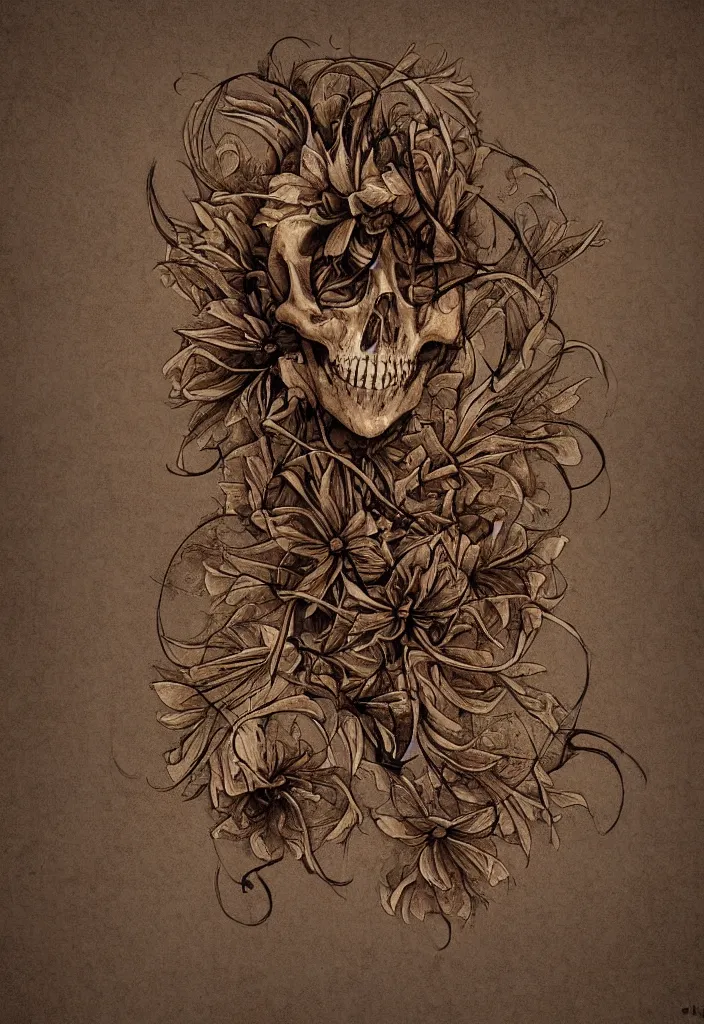 Prompt: a eeire flower skeleton, artistic, brown background, digital art.